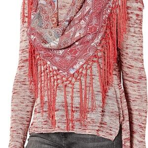 ONE WORLD Red and Cream Cowl Neck Sweater with Removable Scarf
